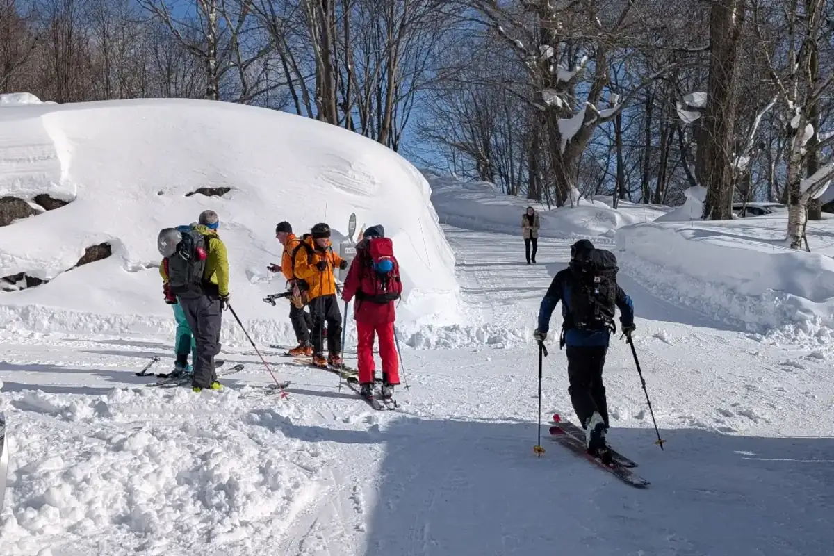 A group skinning away from the inn along the snow-walled road