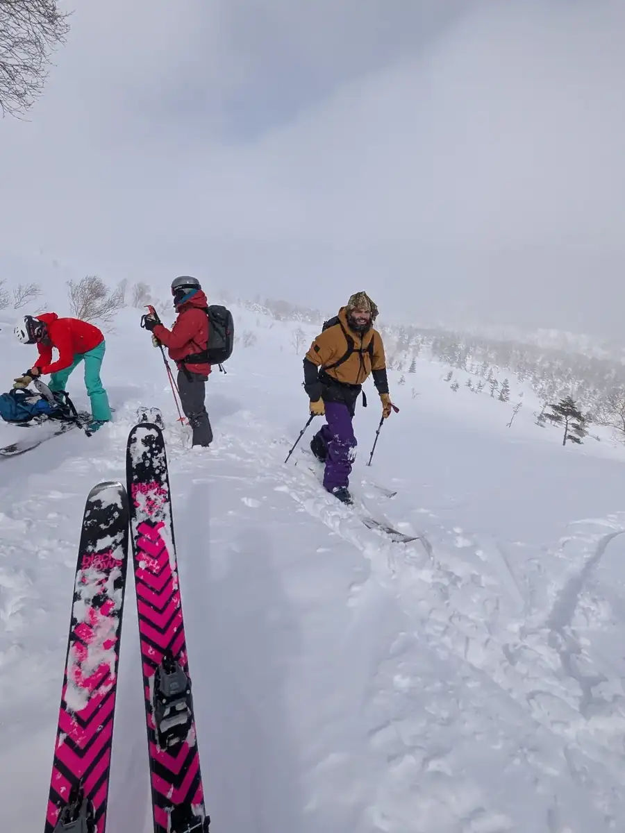 A guided group breaking trail up a misty slope above the treeline